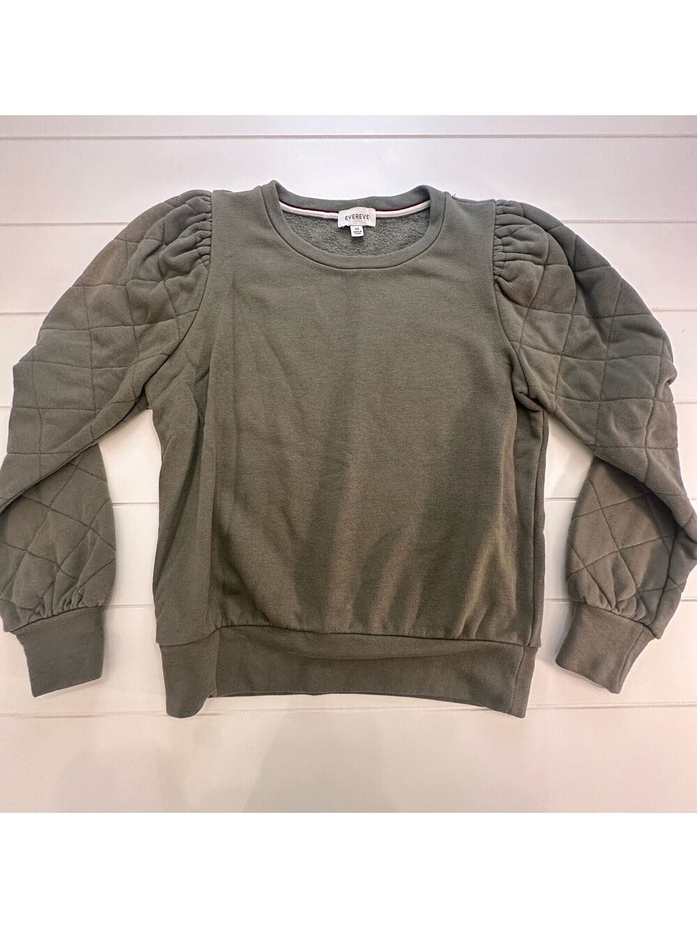 Evereve Women's Olive Green Quilted Puff Sleeve Sweatshirt, XS